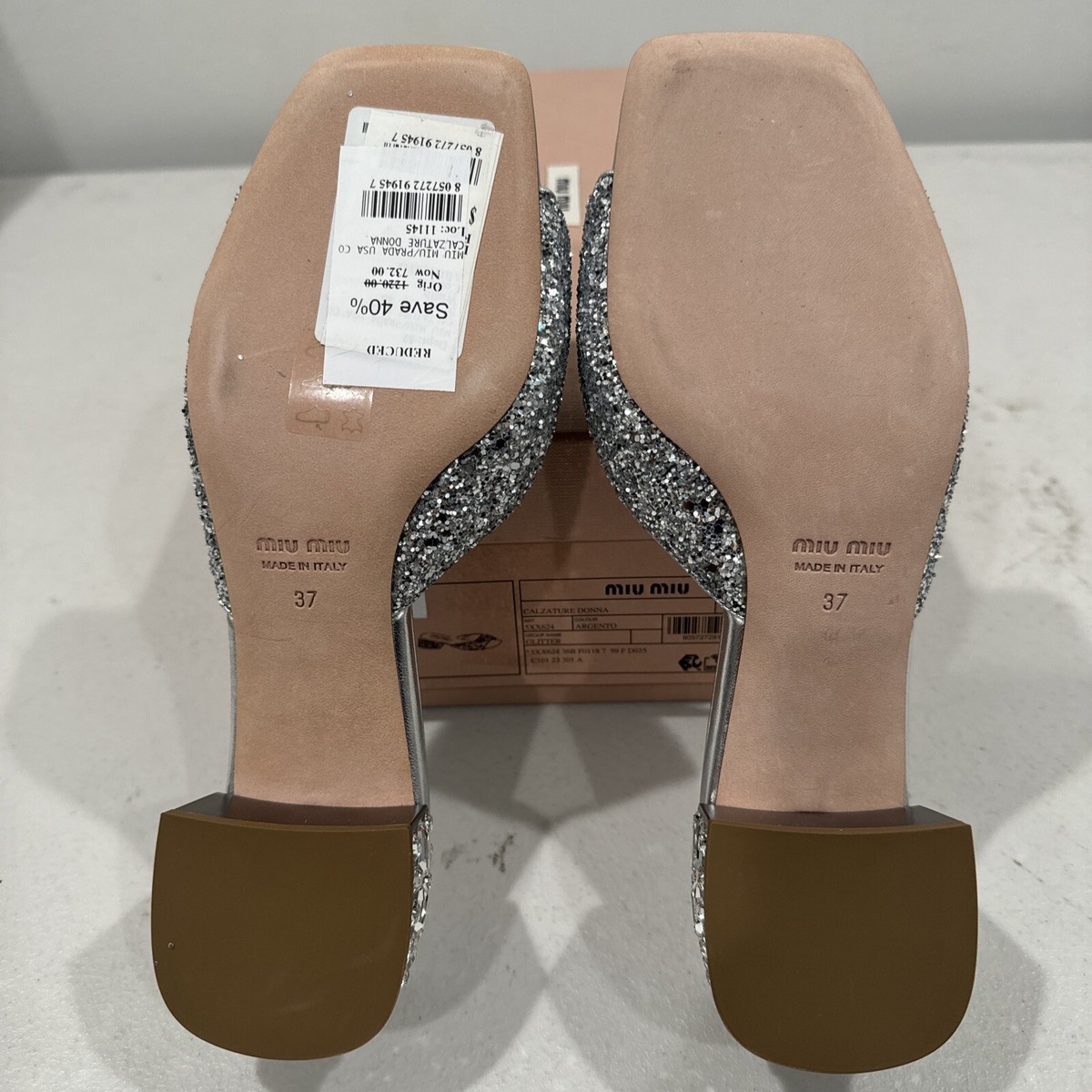 Miu Miu Silver Glitter Embellished Block Heel Slide Sandals Size