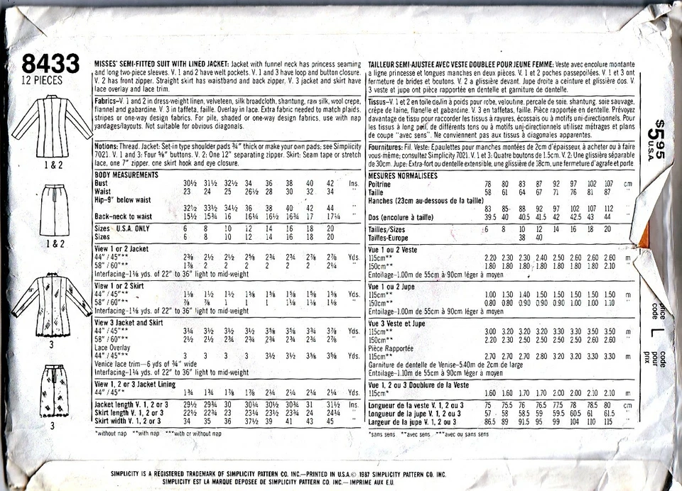 VTG SIMPLICITY PATTERN 8433 EASY TO MAKE LINED MISSES SUIT JACKET SKIRT SML 6, 8 - Image 2 of 2