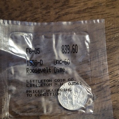 Littleton 1958-D Roosevelt Dime 10C Denver Business Strike 90% Silver UNC-60