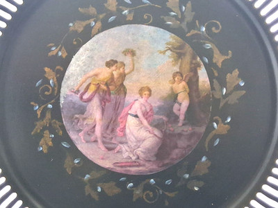 Large Toleware Tole Tray Hand Painted Gold Scroll Pierce Edge Rustic Figural 18''