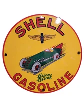 VINTAGE SHELL PORCELAIN SIGN GREEN STREAK RACE CAR MOTOR OIL GAS PUMP PLATE 12"
