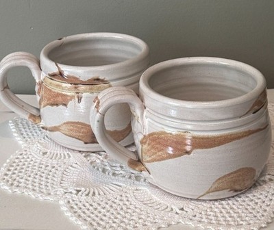 Studio B Pottery Thorpe Hand Thrown Mug Pair Signed Stoneware Coffee Cups Rustic