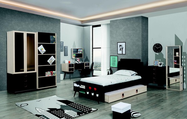 Modernes Jugendzimmer Set Bett Nachttisch Kleiderschrank Wandregal Schwarz 7Tlg.-image