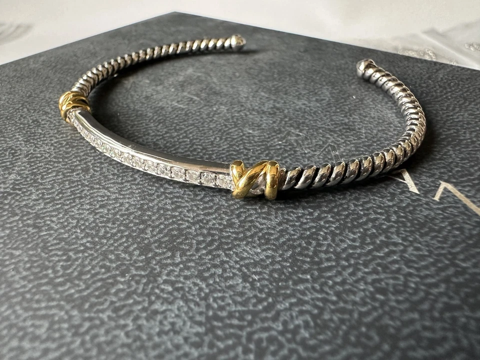 David Yurman Helena 925/18K 铺面钻石电缆袖口手链 15-18 厘米 — 第 4/4 张图片