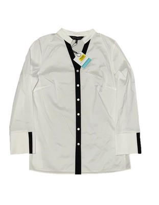 Ming Wang NWT White Button Up Shirt Black Border Trim XS Oversized Top Stretch