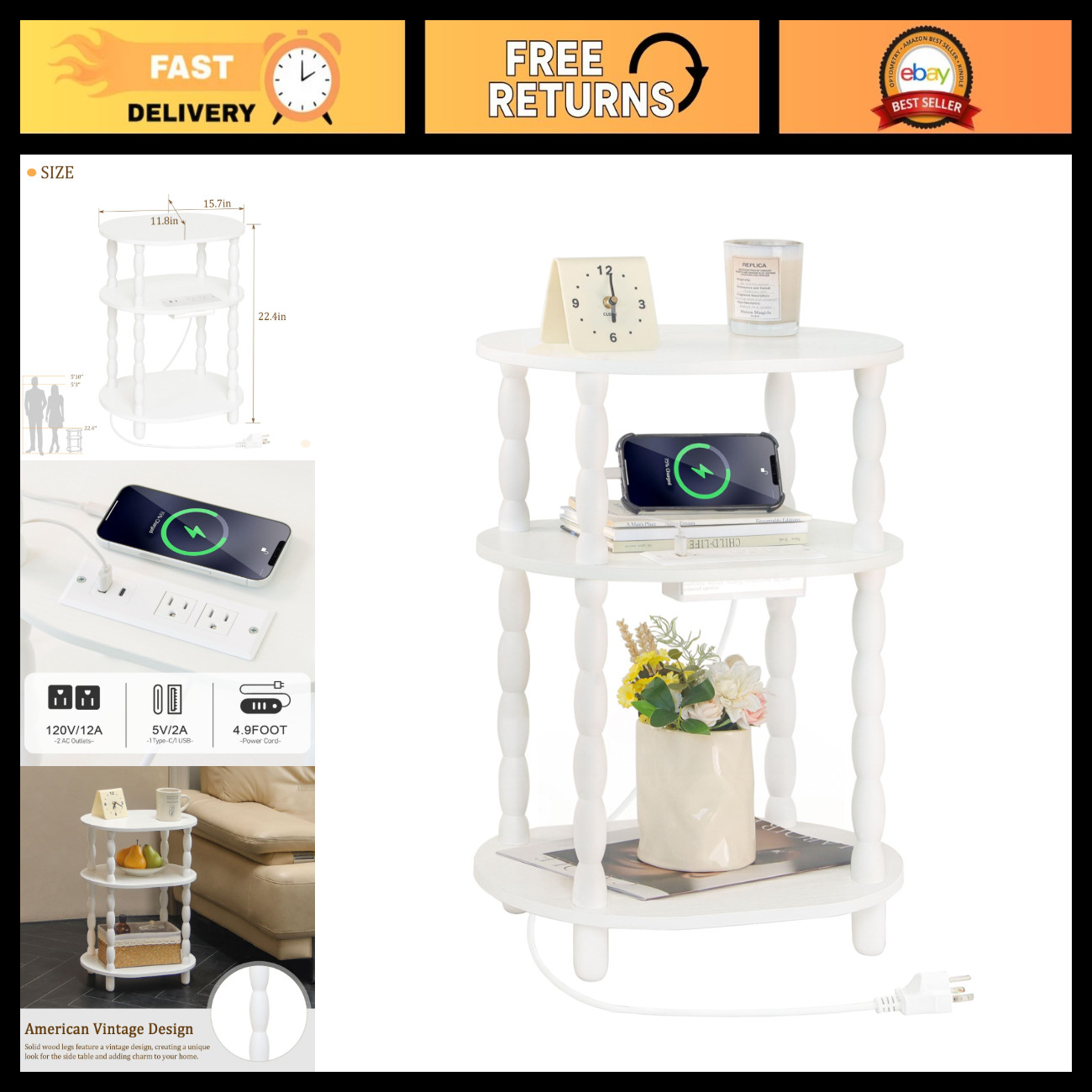 Modern White Side Table with Charging Station, 3-Tier Oval End Table with USB Po