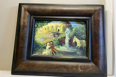 OOAK Couple Engaged Painting Prince Castle 9x11  Signed Vintage Fountain