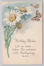 Vintage Religious Birthday Postcard with Daisies  Butterflies