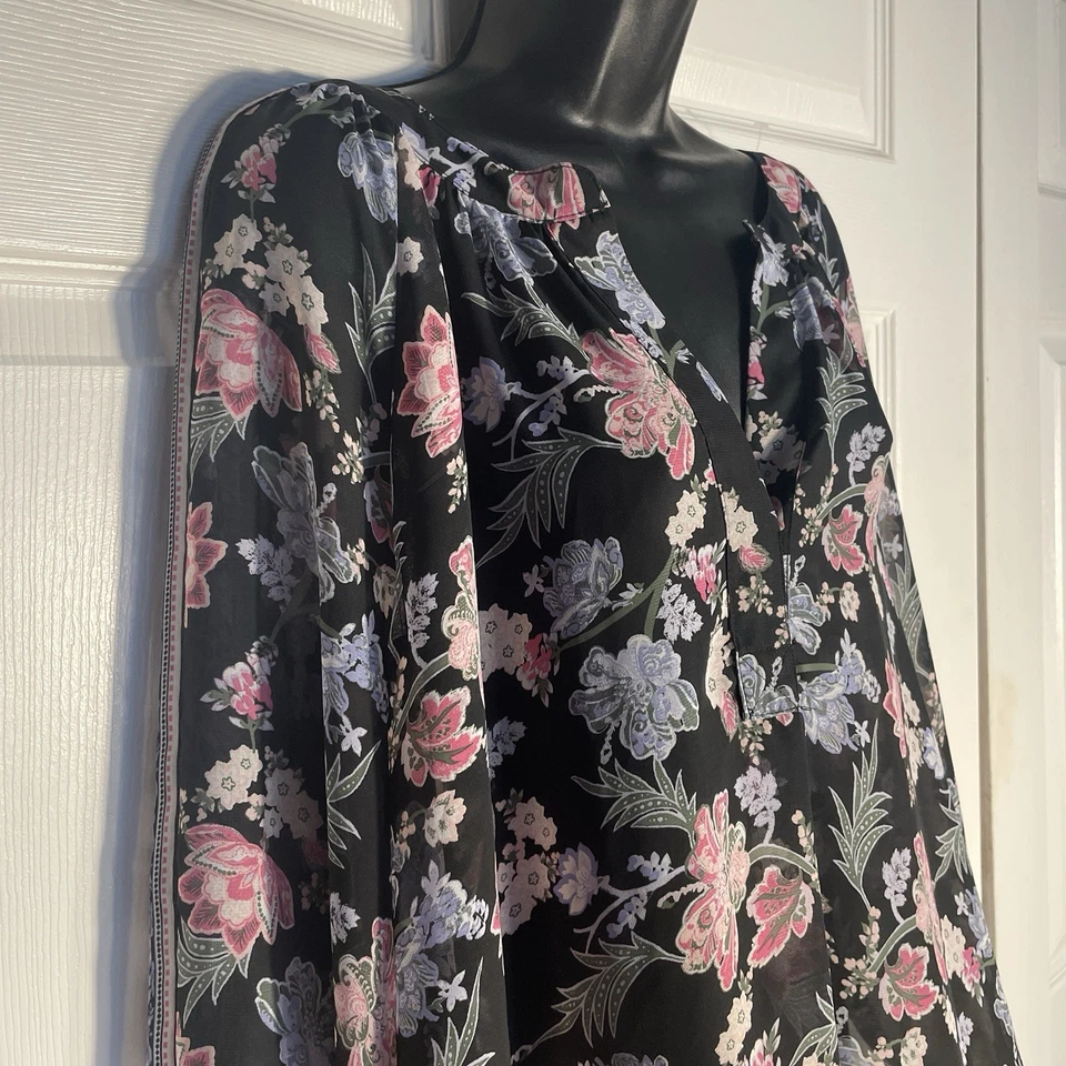 AB Studio Shirt Women 1X Black Pink Floral Whimsigoth Flowy Sheer Popover Tunic - Image 4 of 4