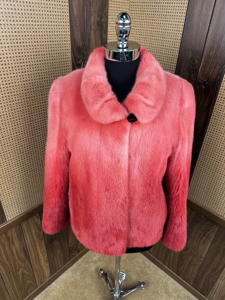 DAMSELLE DESIGNER DYED RED & PINK OMBRÉ DEGRADE MINK FUR COAT JACKET SIZE SMALL - Image 2 of 4