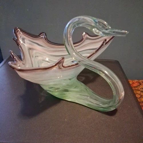 Vintage Hand Blown Murano Style Art Glass Green Brown Swirl Swan Bowl Dish 15"