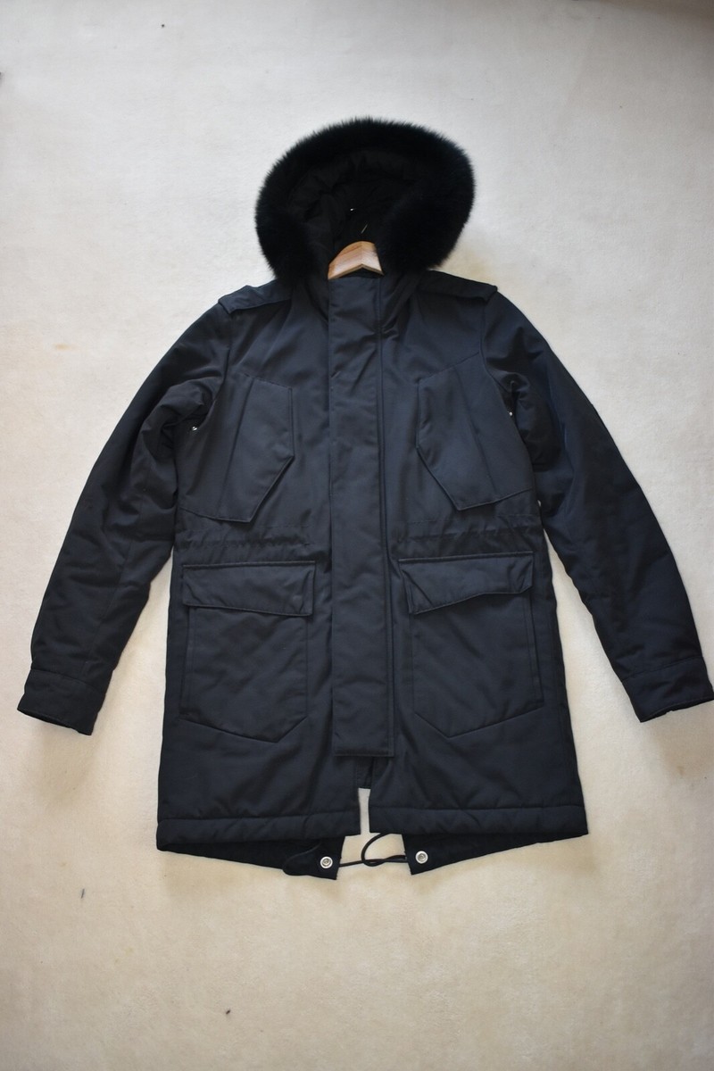 Kooples Black Zip Hooded Fox Fur Fishtail Parka Jacket Coat Mens