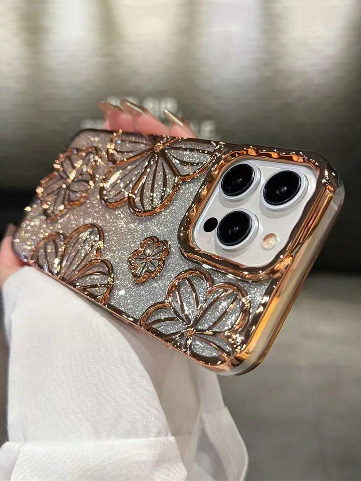Glitter Electroplated Vintage Unique Hollow 3D Flower Painting Shockproof TPU C