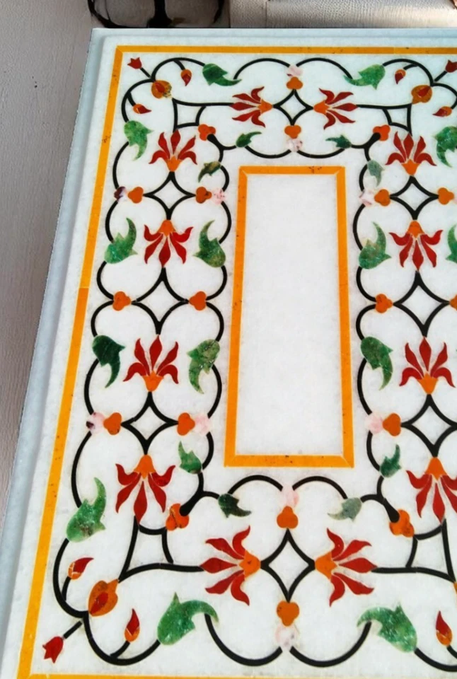 Mesa de mármol con incrustaciones de piedra semipreciosa de lujo de 36"x24" diseño floral tradicional Foto 3 de 4
