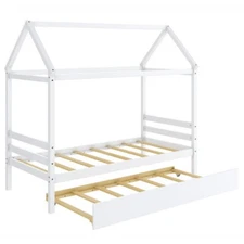 Twin Size Wooden Kids Platform House Bed Frame Trundle Bed Bedroom With Roof