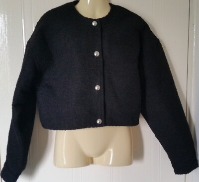 Women's H&M Black Boucle Cropped Button Front Collarless L