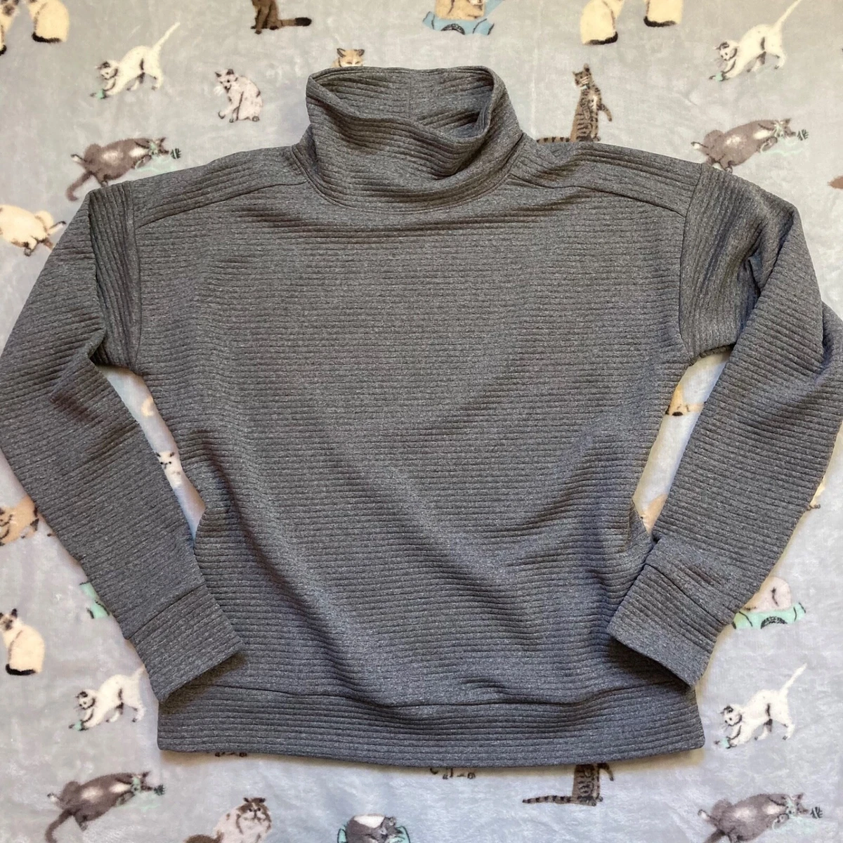 Unique Textured Sweatshirt Women s S Grey Striped Textured Mock Neck Outdoor Top