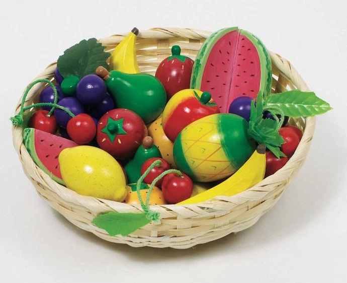 GOKI OBST IM KORB Holzobst Obstkorb 23 Teile aus Holz für Kinder Kaufladen NEU