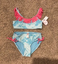 NWT Justice Girls Tie Dye Fringe Two Piece Swimsuit Size 7 Blue Pink Coral Dream