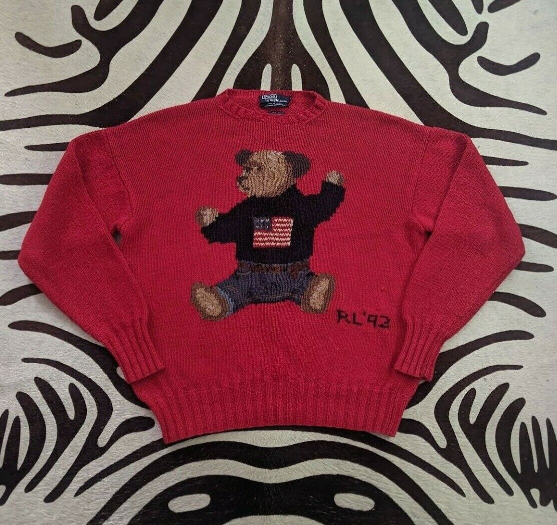 Vtg V Rare Ralph Lauren 1992 Polo Bear Flag Knit Sweater Red Vtg V Rare Ralph Lauren 1992 Polo Bear Flag Knit Sweater Red