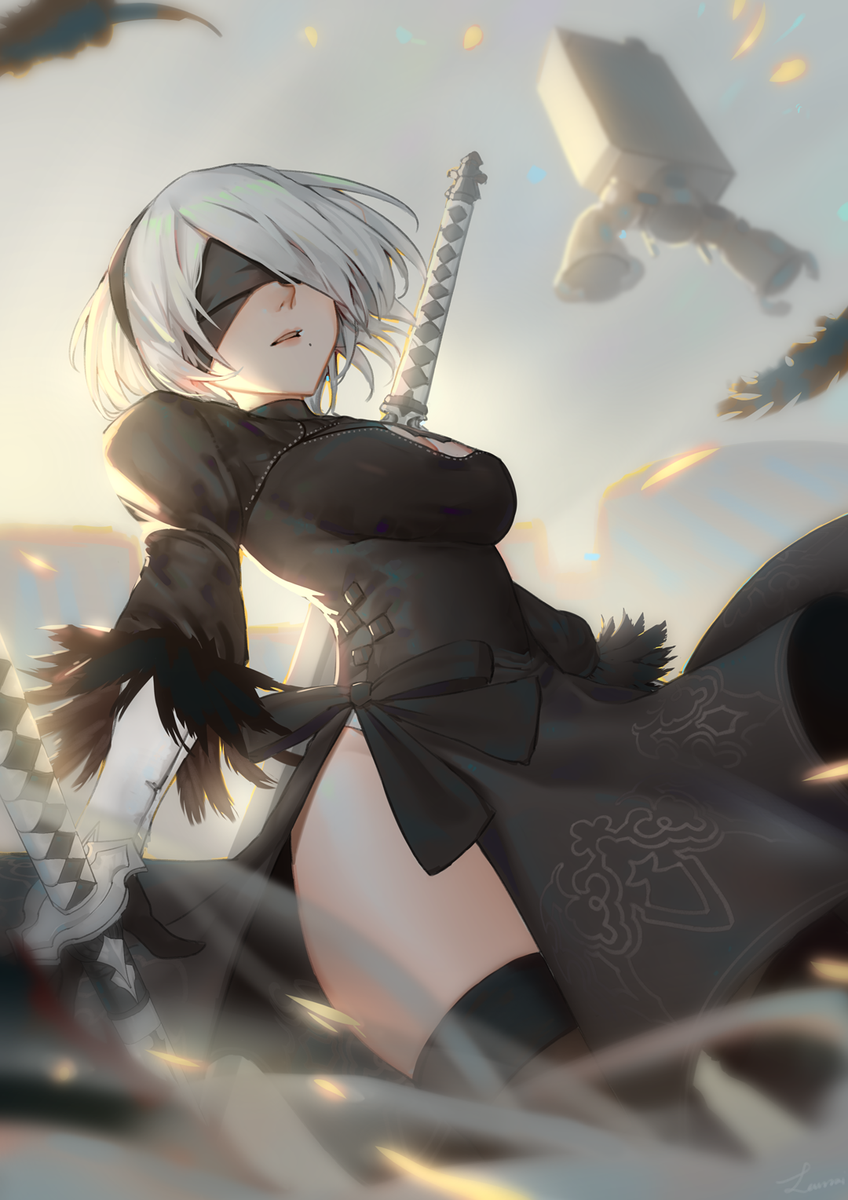Anime blindfold black dress 2b nier automata cleavage Playmat