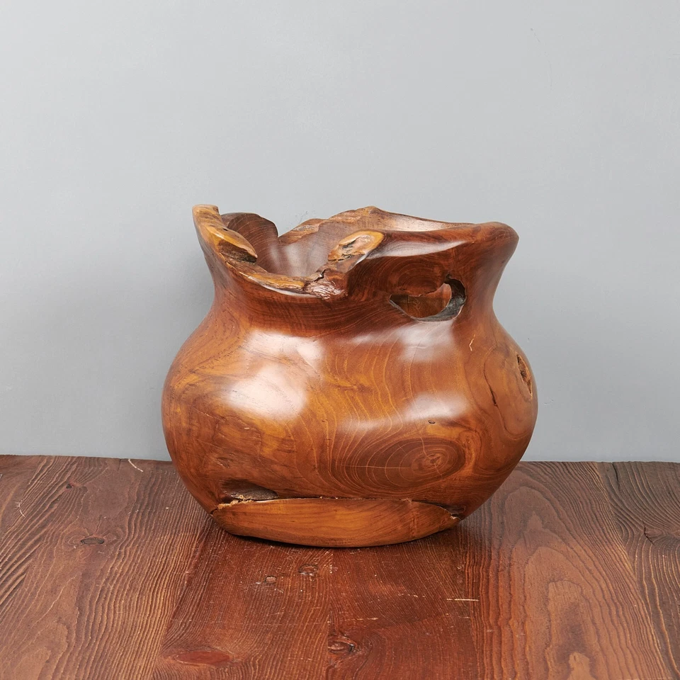 Natural Teak Root Shallow Bowl Vase 9.8'' Hand-Carved Wooden Modern Farmhouse - Image 3 of 4