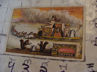 original  Trade Card: MORNING GLORY COFFEE, kids on rabbit pulled sled, 