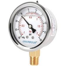 Uharbour Glycerin Filled Vacuum Pressure Gauge, 2-1/2 Clear Dial,1/4npt Bottom C