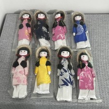 Vintage Asian Vietnamese Cloth Dolls Lot Of 8 Handmade Souvenir 9  W Hats