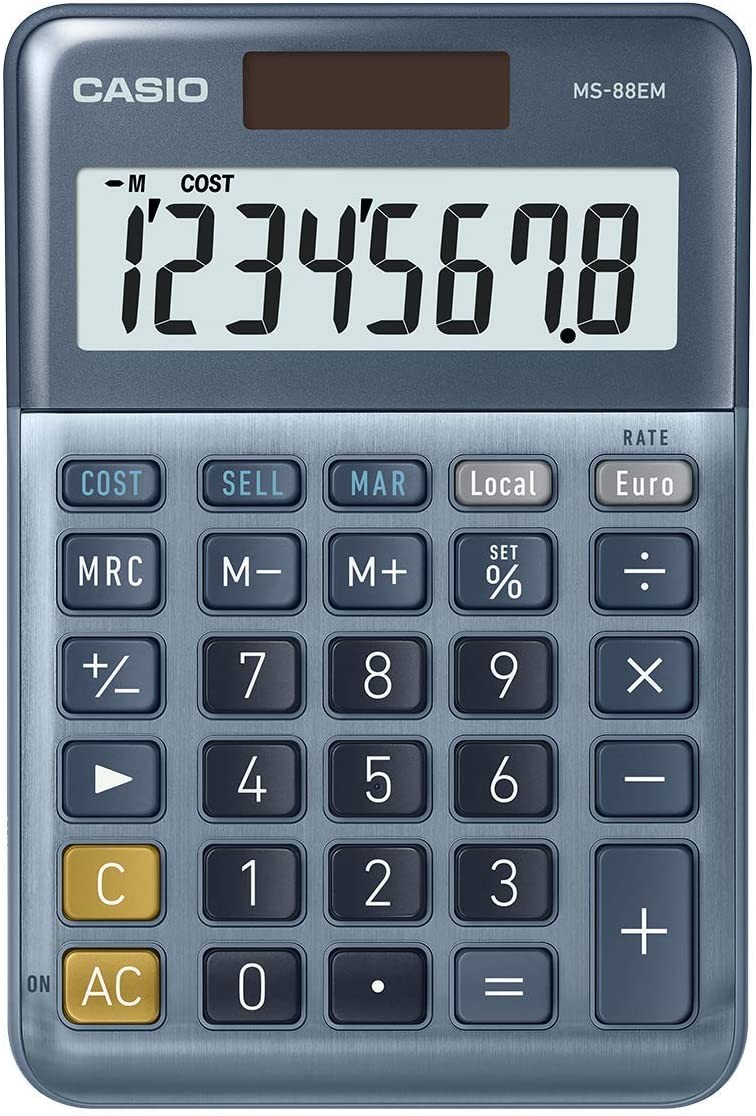 Calculatrice Casio MS-88EM de bureau grise à 8 chiffres avec conversion de devises