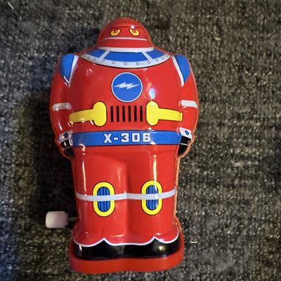 Schylling Tin Bots X-306 Wind Up Robot Toy Retired Red Blue Yellow Working B8