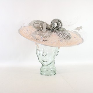 SNOXELL GWYTHER Fascinator Statement Hat Sinamay Occasion Pink Grey Bow ALW