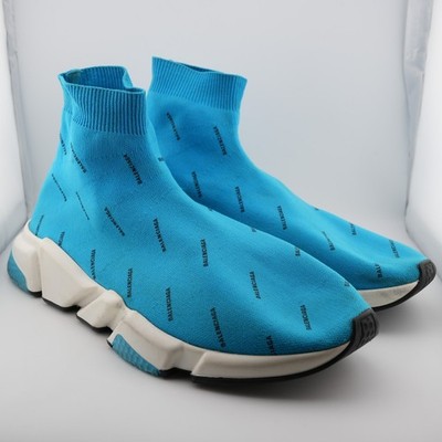 Balenciaga All Over Logo Speed Sneaker Sock Shoe Turquoise Blue US 11 Men's