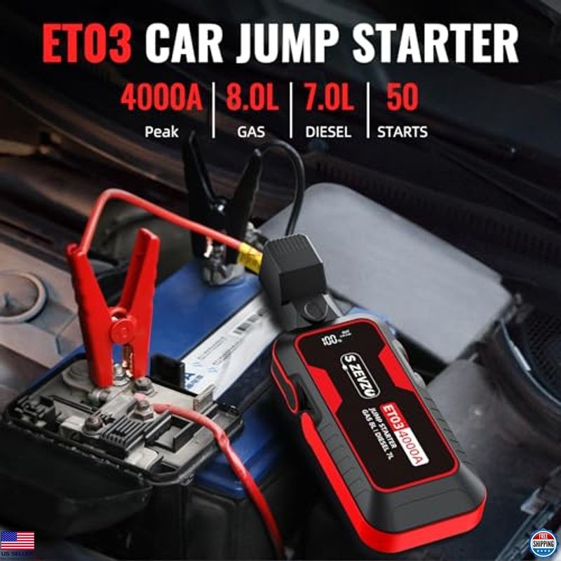 S ZEVZO ET03 4000A Car Jump Starter - 74Wh for 8.0L Gas & 7.0L Diesel Engines