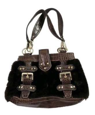 Y2K Kathy Van Zeeland Vegan Faux Fur Shoulder Bag Brown Double Side
