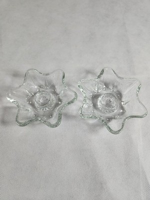 Vintage 5-point Star Shaped Clear Glass Taper Candle Holder Set Of  2