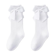 Angel Baby Girls Knee High  Long Socks, Bow 4-6 Years, White, 2 Pairs