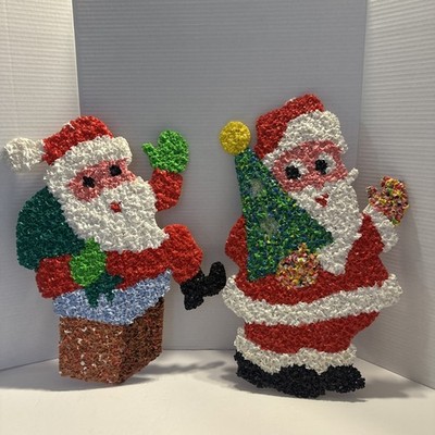 VTG Pair Melted Popcorn Santa Clause Down Chimney Tree Christmas Decor