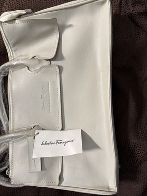 Salvatore Ferragamo Tote Purse Cream Color Leather Black Lining Inside