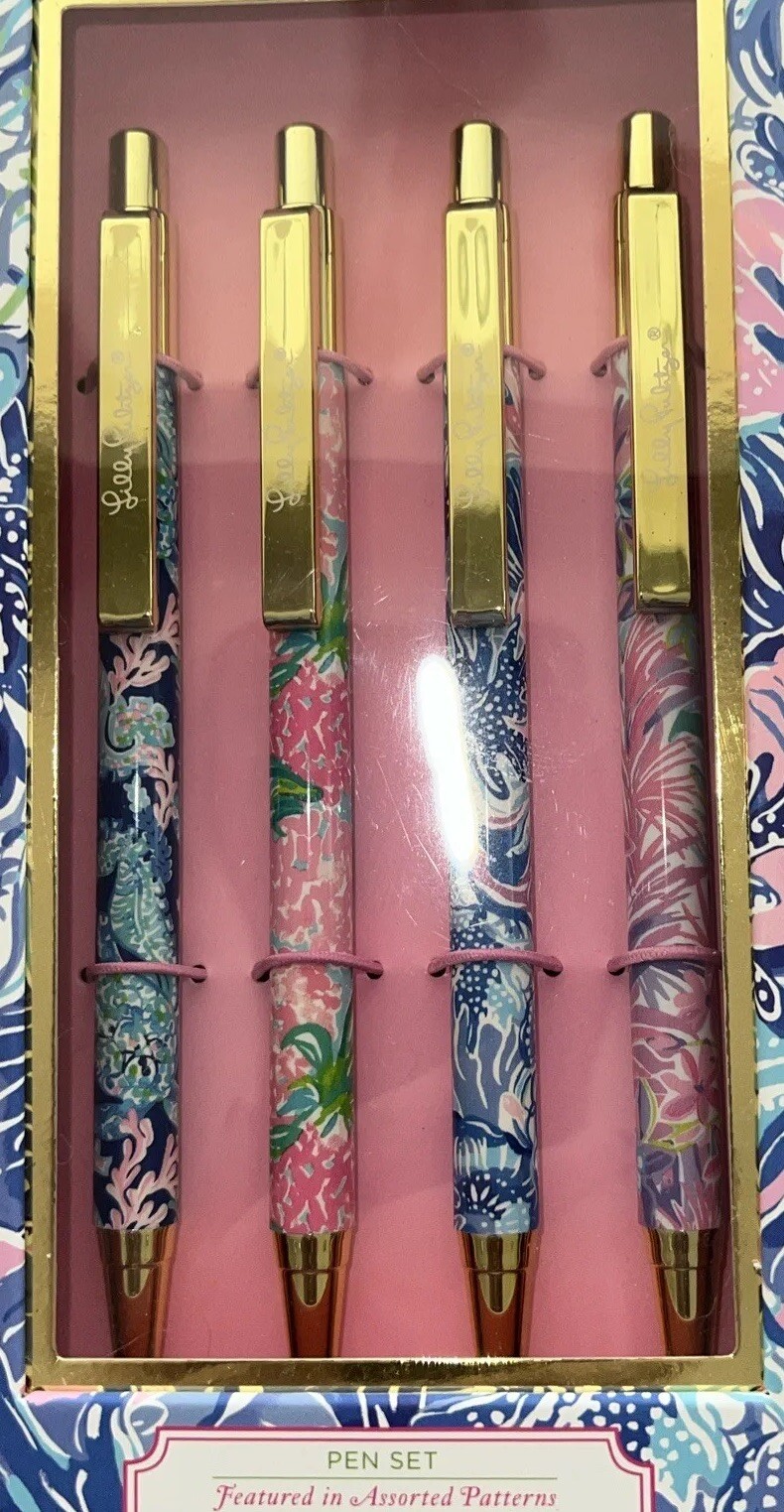 Lilly Pulitzer Black Ink Pen Set of 4 Colorful Floral Retractable Pens