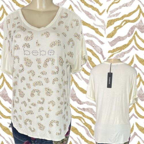 Bebe L Cream Metallic Studded Animal Print Design Logo-V-Neck Short Sleeve Top