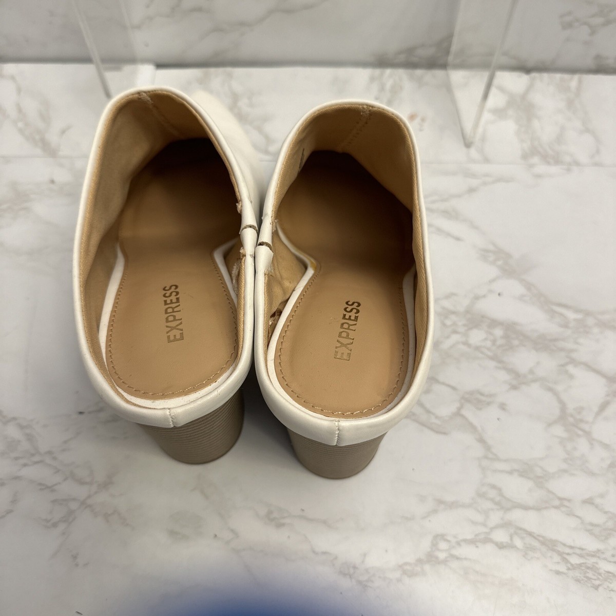 Express Womens White Faux Leather Mules Heels Size 8 Worn