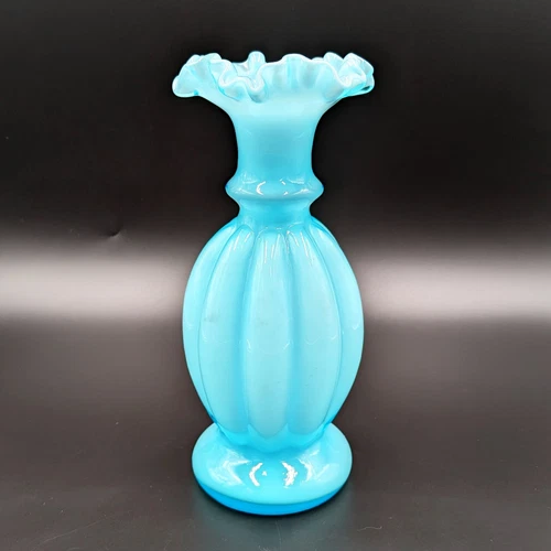 VTG Fenton Blue Opalescent 8 In Cased Vase Melon Shaped Ruffled and Crimped Neck