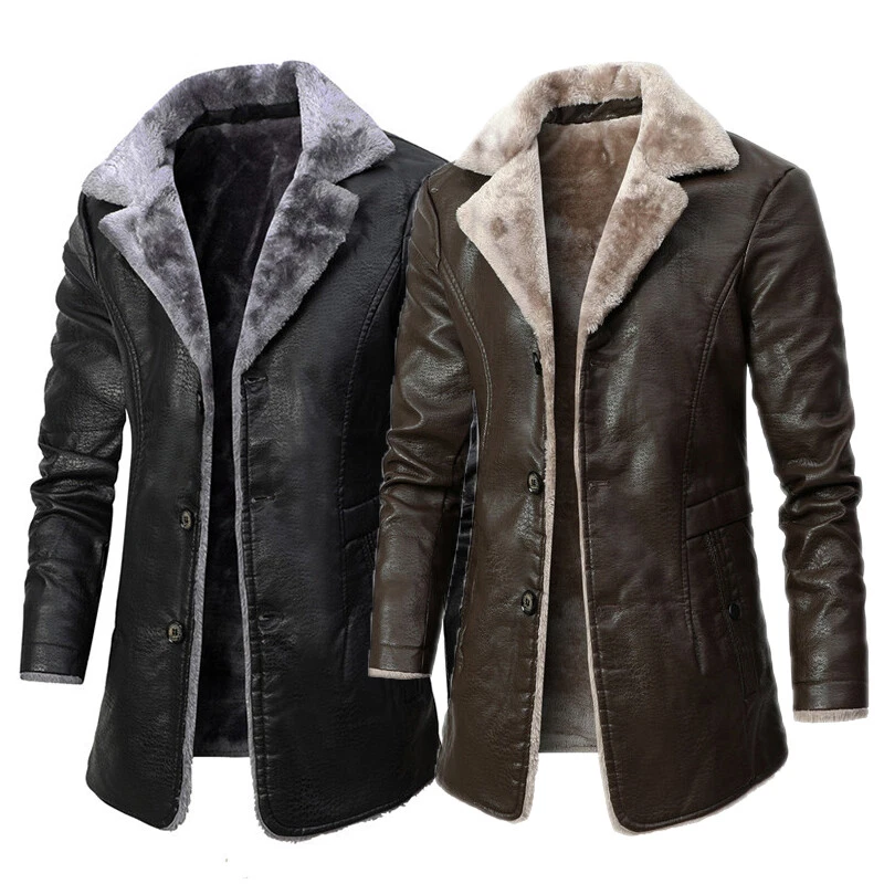 Men's Black Shearling Fur Leather Trench Coat with Hood