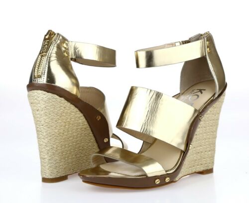KORS MICHAEL KORS Gold Leather Zip Slides Strappy Wedge Heels Sandals Size  6 M 885006864692 | eBay