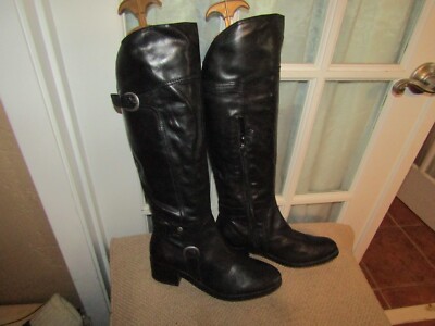 Audrey Brooke Black Leather Knee High Riding Boots Buckles Women's size  M
