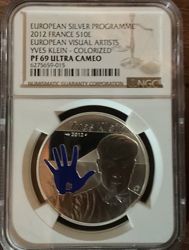 2012 1 oz silver, 10 euro Painter Yves Klein Blue Hand Art, ngc pr 69, france