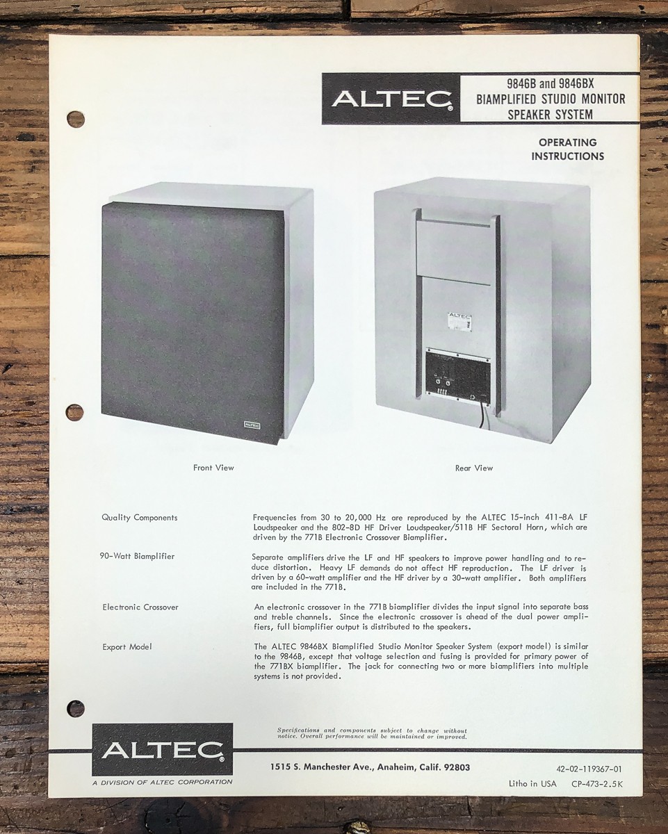 Altec Model 9846B 9846BX Speaker Owners / User Manual *Original*