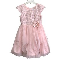 Jona Michelle Party Dress Girls Size 8 Pink Lace Bow Tulle Glitter Short Sleeve