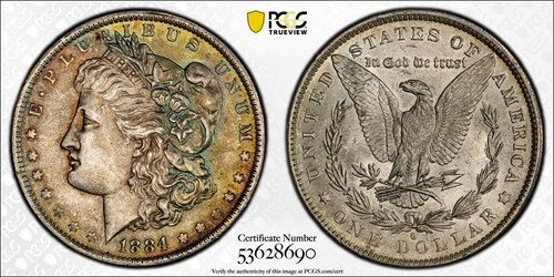 1884 O Morgan Silver Dollar $1 Rainbow Toned PCGS MS-62 BU UNC 90% Rare US Coin